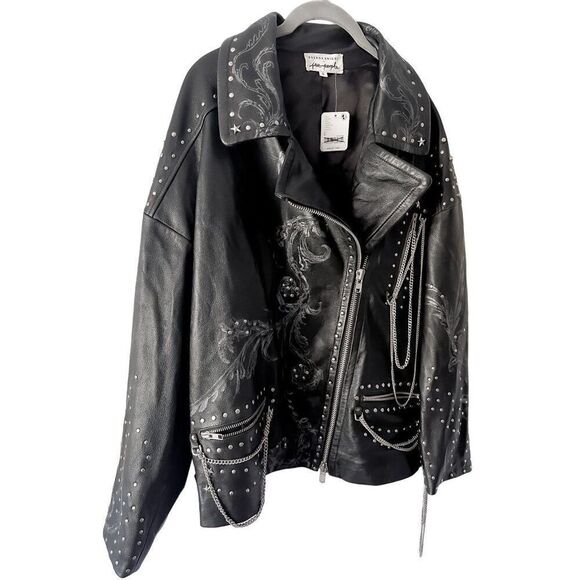 Free People Nigel Preston Chain Embellished Biker Jacket Leather - Picture 6 of 14